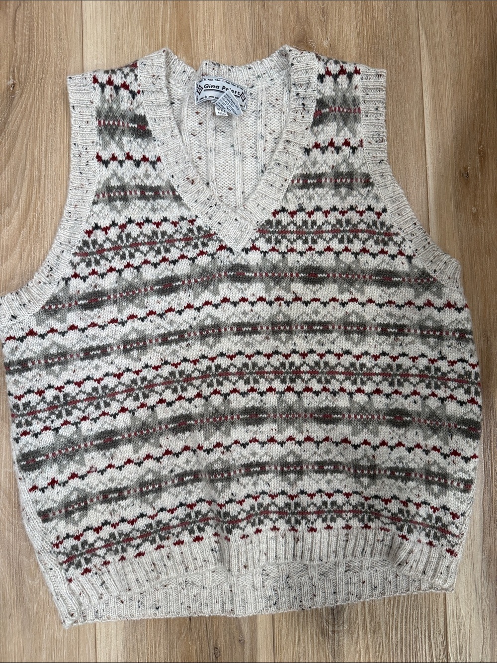 Vintage Fair Isle Knit V-Neck Sweater Vest - Cream, Gray & Burgundy